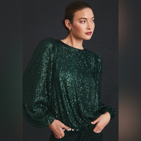 NWT! Anthropologie Dark Green Flat White Sequin Top - ALL PETITE SIZES 💎 - Picture 5 of 11